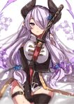  black_gloves black_legwear blush breasts demon_horns draph elbow_gloves gloves granblue_fantasy hair_ornament hair_over_one_eye highres horns large_breasts lavender_eyes lavender_hair leg_garter long_hair looking_at_viewer narmaya_(granblue_fantasy) object_hug pointy_ears simple_background single_thighhigh solo sword takeshima_(nia) thighhighs weapon white_background 