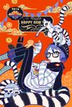  2016 beanie blue_eyes blue_hair boots chinese_zodiac commentary_request eating food fruit glasses happy_new_year hat lemur lemur_tail long_sleeves mandarin_orange new_year orange orange_slice original rakuchii_(rurituvo) scarf shirt short_hair sitting sleeves_past_wrists solo striped striped_shirt tail year_of_the_monkey 