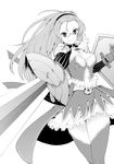  absurdres awakening_(sennen_sensou_aigis) glasses greyscale hairband highres katie_(sennen_sensou_aigis) monochrome oku_hideki sennen_sensou_aigis shield skirt solo sword thighhighs weapon 