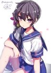  akebono_(kantai_collection) arm_rest bell blush dated flower hair_bell hair_flower hair_ornament jingle_bell kantai_collection leg_up long_hair petals purple_eyes purple_hair school_uniform serafuku side_ponytail signature simple_background sitting solo takeshima_(nia) twitter_username uniform very_long_hair white_background 