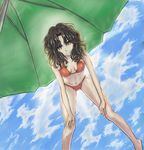  absurdres amagami backlighting beach_umbrella bikini black_eyes black_hair blue_sky breasts cleavage clone_ninja cloud day from_below hands_on_own_knees highres leaning_forward legs light_smile long_hair long_legs looking_at_viewer medium_breasts messy_hair midriff navel red_bikini sky solo sunlight swimsuit tanamachi_kaoru thighs umbrella water 