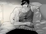  bed cigarette cigarette_box greyscale hand_behind_head hat jojo_no_kimyou_na_bouken kitaka_(deeper50) kuujou_joutarou leaning_back male_focus monochrome pillow sitting smoking solo spot_color tank_top twitter_username 