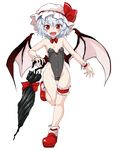  bangs bare_legs bat_wings black_leotard blue_hair blush bow bowtie closed_umbrella covered_navel demon_wings fangs full_body hat hat_bow highleg highleg_leotard highres huyusilver leg_garter leg_up leotard looking_at_viewer mob_cap open_mouth parasol playboy_bunny_leotard red_eyes red_footwear remilia_scarlet shoes short_hair simple_background slit_pupils solo standing standing_on_one_leg touhou umbrella white_background wings wrist_cuffs 