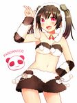  animal_costume arm_warmers bandeau bangs black_hair blush cowboy_shot detached_collar hand_on_hip kurata_rine love_live! love_live!_school_idol_festival love_live!_school_idol_project midriff navel open_mouth panda_costume panda_hood pom_pom_(clothes) red_eyes salute simple_background skirt smile solo twintails two-finger_salute white_background yazawa_nico 