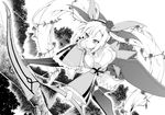  absurdres bow bow_(weapon) detached_sleeves flower greyscale hair_bow hair_flower hair_ornament highres monochrome oku_hideki rose sennen_sensou_aigis solo spica_(sennen_sensou_aigis) thighhighs twintails weapon 