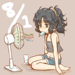  alternate_costume alternate_hairstyle amagami barefoot black_eyes black_hair cup dated denim denim_shorts drinking_glass eating electric_fan food grey_background grey_shirt hanimaru_(h@nimaru) hot ice ice_cube long_hair melting messy_hair navel ponytail popsicle shirt short_shorts shorts sitting solo stream streamers sweat tanamachi_kaoru tank_top unbuttoned 