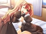  bangs bed blonde_hair blush boots closed_eyes curtains emily_(pure_dream) escalation_~kuruai_no_fugue~ game_cg green_eyes hairband hayakawa_naomi_(escalation) holding_hands kiss komatsuzaki_rie long_hair looking_at_another multiple_girls on_bed red_hair school_uniform short_hair window yuri 