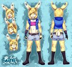  5_fingers anthro aogami armband backview belt blonde_hair blue_background blue_eyes blush boots butt clothing collar fingerless_gloves footwear frontview fur gloves grin hair hi_res lagomorph legwear looking_at_viewer male mammal navel nervous piercing rabbit saitei_(character) shy simple_background split_tounge standing teeth tounge_out vest yellow_fur 
