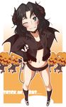  1girl amagami bandeau black_eyes black_hair blush brown_jacket choker collar collarbone demon_horns demon_tail demon_wings fur-trimmed_jacket fur-trimmed_sleeves fur_trim gradient gradient_background grin guriko_(mossari) halloween hands_on_hips highres horns jack-o'-lantern jacket legs looking_at_viewer messy_hair midriff navel one_eye_closed open_clothes open_jacket pumpkin_on_head shoes short_shorts shorts smile tachibana_jun'ichi tail tanamachi_kaoru trick_or_treat unzipped uwabaki wings 