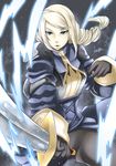  agrias_oaks armor blonde_hair blue_eyes braid corset final_fantasy final_fantasy_tactics gloves groin highres knight long_hair pauldrons saboten_ouji sidelocks single_braid solo sword weapon 