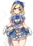  alternate_costume bangs blonde_hair blouse blue_bow blue_neckwear blue_ribbon blue_skirt blush bow bowtie commentary_request cowboy_shot djeeta_(granblue_fantasy) gloves granblue_fantasy hair_ornament hair_ribbon head_tilt highres kimi_to_boku_no_mirai layered_skirt looking_at_viewer puffy_short_sleeves puffy_sleeves ribbon short_hair short_sleeves simple_background skirt skirt_hold smile solo sparkle standing swept_bangs takeshima_(nia) thigh_gap thighs white_background white_gloves white_skirt yellow_eyes 