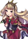  :d arm_warmers bangs black_jacket blonde_hair blunt_bangs blush bow bowtie bracelet brooch cagliostro_(granblue_fantasy) cape collarbone cowboy_shot crown emerald fingernails gem granblue_fantasy hairband hand_on_own_cheek highres jacket jewelry long_hair looking_at_viewer open_clothes open_jacket open_mouth parted_lips purple_eyes red_bow red_neckwear red_skirt ribbon shirt sidelocks simple_background skirt skirt_hold smile solo spiked_hairband spikes takeshima_(nia) teeth tiara white_background white_shirt 