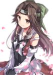  bare_shoulders black_gloves blush brown_eyes brown_hair detached_sleeves double-breasted elbow_gloves forehead_protector gloves hachimaki hair_intakes hair_ribbon half_updo headband highres jintsuu_(kantai_collection) kantai_collection long_hair looking_at_viewer petals remodel_(kantai_collection) ribbon school_uniform serafuku simple_background smile solo takeshima_(nia) two_side_up v_arms white_background 