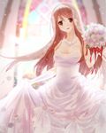  bouquet breasts brown_eyes brown_hair cleavage dress elbow_gloves flower gloves highres holding holding_bouquet ice_(aitsugai) idolmaster idolmaster_million_live! indoors jewelry long_hair medium_breasts necklace solo strapless strapless_dress tanaka_kotoha wedding_dress white_dress white_gloves 