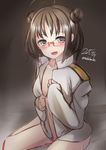  ahoge bad_id bad_pixiv_id blush brown_background brown_hair dated glasses heart heart-shaped_pupils kantai_collection naka_(kantai_collection) nekobaka partially_undressed sitting smile solo symbol-shaped_pupils twitter_username wariza 