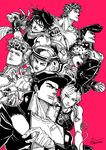  braid bubble chain clenched_hand dated dixie_cup_hat double_bun fingerless_gloves gakuran giorno_giovanna gloves grin hat higashikata_jousuke higashikata_jousuke_(jojolion) highres joestar_birthmark johnny_joestar jojo_no_kimyou_na_bouken jojolion jonathan_joestar joseph_joestar_(young) kuujou_jolyne kuujou_joutarou military_hat monochrome multicolored_hair orange_eyes pompadour scarf school_uniform signature smile spot_color steel_ball_run string tryvor two-tone_hair 