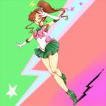  ;d ankle_boots bare_legs bishoujo_senshi_sailor_moon boots bow brown_hair choker circlet cross-laced_footwear elbow_gloves full_body gloves green_choker green_footwear green_sailor_collar green_skirt hair_bobbles hair_ornament high_heel_boots high_heels high_ponytail kino_makoto long_hair miniskirt one_eye_closed open_mouth outstretched_arm pink_bow pleated_skirt ponytail rotte_(nuuum) sailor_collar sailor_jupiter sailor_senshi_uniform sidelocks skirt smile solo standing standing_on_one_leg star white_gloves 
