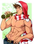  1boy abs artist_name brown_hair green_eyes hat highres jojo_no_kimyou_na_bouken joseph_joestar_(young) male_focus muscle santa_hat scarf shirtless signature snowflakes solo striped striped_scarf upper_body wasabu wine_bottle 