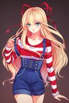  artist_name blonde_hair blue_eyes blush borrowed_character brown_background collarbone cowboy_shot denim eyebrows eyebrows_visible_through_hair hair_ornament hair_ribbon long_hair long_sleeves looking_at_viewer omocha-san original red_ribbon red_shirt ribbon shirt simple_background smile solo standing striped striped_shirt suspenders suspenders_pull very_long_hair watermark web_address white_shirt 