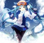  aqua_eyes aqua_hair goggles goggles_on_head hat hatsune_miku komadori_ui long_hair mittens open_mouth pantyhose ski_gear skirt snow solo twintails very_long_hair vocaloid yuki_miku 