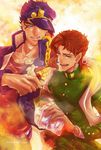  bad_id bad_pixiv_id belt black_hair bloom brown_hair buttons chain collarbone doromaso earrings eyebrows food gakuran green_eyes grin hat high_collar highres holding holding_food jacket jewelry jojo_no_kimyou_na_bouken kakyouin_noriaki kuujou_joutarou long_sleeves male_focus multiple_boys one_eye_covered open_clothes open_jacket open_mouth purple_eyes red_hair red_shirt scarf school_uniform shirt smile stardust_crusaders stud_earrings sweet_potato wavy_hair 