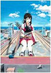  absurdres akagi_(kantai_collection) arm_support arrow bangs black_hair blue_sky building cloud crane day drydock flight_deck giantess gloves green_eyes ground_vehicle hand_on_lap highres horizon japanese_clothes kantai_collection long_hair looking_away looking_down looking_to_the_side motor_vehicle muneate nontraditional_miko ocean open_mouth outdoors partly_fingerless_gloves people puddle quiver red_skirt rigging shadow shoes single_glove sitting skirt sky smile solo sunlight thighhighs toppoco truck water wet wet_hair white_legwear yugake 