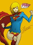  blonde_hair blue_eyes cape clenched_hands dated dc_comics highres navel signature solo supergirl superhero tryvor 