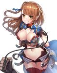  armor arms_behind_back bangs bdsm beatrix_(granblue_fantasy) belt black_gloves blunt_bangs blush bondage bound bound_wrists breasts brown_hair cleavage clenched_teeth collar cowboy_shot dog_collar fingerless_gloves gloves granblue_fantasy green_eyes hair_ribbon hands holding_leash large_breasts leash long_hair navel one_side_up open_fly out_of_frame restrained ribbon ririko_(zhuoyandesailaer) short_sleeves simple_background solo_focus stomach sweat teeth thigh_gap thighhighs torn_clothes unzipped white_background 