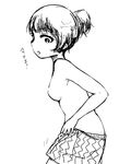  boxers dressing from_side greyscale hair_bun looking_down m.purin monochrome no_nipples original simple_background sketch solo topless translation_request underwear white_background 