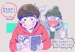  1boy 1girl bangs bbadam blush book brown_hair choroko_(osomatsu-san) dayoon dekapan embarrassed fujoshi full-face_blush glasses green_hair grey_background grin hair_bun heart heart_in_mouth holding holding_book hood hood_down hooded_jacket hoodie jacket long_hair long_sleeves matsuno_osomatsu motion_blur motion_lines osomatsu-kun osomatsu-san punching reading smile sweatdrop swept_bangs talking tears translation_request upper_body yaoi 