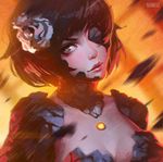  artist_name breasts brooch cleavage collarbone detached_collar eyepatch flower gem glowing grey_eyes guweiz hair_flower hair_ornament jewelry light_smile lips orange_background orange_pupils original rose simple_background single_eye small_breasts smile solo upper_body white_flower white_rose 