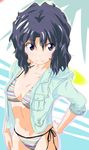  abstract_background amagami anchor_symbol bikini bikini_under_clothes black_eyes black_hair breasts cleavage from_above hand_on_hip hand_on_thigh highres jacket long_hair looking_to_the_side medium_breasts messy_hair no_pants open_clothes open_jacket side-tie_bikini simple_background sleeves_folded_up smile solo striped striped_bikini summer swimsuit swimsuit_under_clothes tanamachi_kaoru winu_(pixiv288510) 