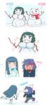  2girls absurdres black_hair blue_eyes blush breasts chibi eyebrows giggling herokick highres kill_la_kill kiryuuin_satsuki large_breasts matoi_ryuuko multicolored_hair multiple_girls snow snowball snowman streaked_hair thick_eyebrows throwing winter winter_clothes 