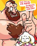  2015 asriel_dreemurr body_hair brown_hair chest_hair crossover dialogue duo dworven_(artist) exercise hair street_fighter undertale video_games workout zangief 