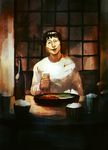  black_hair bowl closed_eyes cup drinking_glass hotpot male_focus osomatsu-san rice_bowl sanematsu_(osomatsu-san) smile solo sweatshirt window yamano_(umashio) 