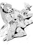  absurdres armor bernice_(sennen_sensou_aigis) bouquet dutch_angle flower gauntlets greyscale headwear_removed helmet helmet_removed highres mace monochrome oku_hideki open_mouth ponytail sennen_sensou_aigis shield sitting solo wariza weapon 