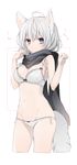  ahoge animal_ears black_scarf blush bow bow_panties bra breasts cleavage copyright_request cropped_legs fox_ears fox_tail grey_bra grey_panties groin komeshiro_kasu medium_breasts navel panties paw_pose scarf side-tie_panties silver_eyes silver_hair solo tail underwear underwear_only 