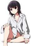  black_hair blush brown_eyes dress_shirt eyebrows_visible_through_hair highres looking_at_viewer matsunaga_kouyou naked_shirt original shirt smile solo 