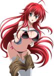  ahoge black_bra black_legwear blue_eyes bra breasts cleavage extraction high_school_dxd large_breasts long_hair looking_at_viewer navel panties red_hair rias_gremory shirt_lift shorts side-tie_panties sideboob solo thighhighs transparent_background underboob underwear white_legwear 