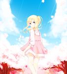  absurdres blonde_hair blue_eyes cherry_blossoms cloud day dress from_behind highres looking_at_viewer looking_back miyazono_kawori ninfia19 outdoors petals ponytail shigatsu_wa_kimi_no_uso sky smile solo tree 