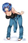  :d aoshima bare_arms bare_shoulders bent_over blue_eyes blue_hair breasts cleavage clothes_around_waist commentary_request full_body hair_bobbles hair_ornament hanging_breasts highres jumpsuit kawashiro_nitori large_breasts lazy_eye looking_at_viewer no_bra open_mouth pants round_teeth shirt_around_waist smile solo standing tank_top teeth touhou twintails two_side_up undershirt white_background 