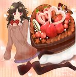  alternate_costume amagami arm_support black_hair black_legwear blue_skirt cake commentary copyright_name food fruit happy_valentine heart holding_heart icing long_hair looking_at_viewer messy_hair no_shoes plate red_eyes sitting skirt sleeves_past_wrists smile solo strawberry sweater takemi_kaoru tanamachi_kaoru thighhighs valentine zettai_ryouiki 
