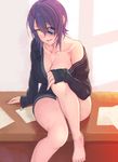  barefoot black_shirt breasts cleavage collarbone desk eyepatch hand_on_own_knee indoors kantai_collection large_breasts legs lips long_sleeves naked_shirt no_headwear no_legwear no_pants off_shoulder on_desk open_clothes open_shirt paper parted_lips purple_hair room shirt sitting sitting_on_desk smile solo sunlight teeth tenryuu_(kantai_collection) thighs yellow_eyes yuuji_(and) 