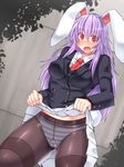  animal_ears blazer blouse blush breasts bunny_ears bunny_tail embarrassed gusset hisui_(stapspats) jacket long_hair looking_at_viewer medium_breasts necktie open_mouth panties panties_under_pantyhose pantyhose pleated_skirt purple_hair red_eyes reisen_udongein_inaba skirt solo striped striped_panties tail thighband_pantyhose touhou underwear 