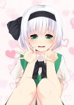  dress face green_dress green_eyes hair_ribbon heart highres konpaku_youmu looking_at_viewer nigo_(aozoragarou) open_mouth puffy_short_sleeves puffy_sleeves ribbon shirt short_sleeves silver_hair sitting smile solo touhou 