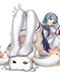  :3 bangs blue_hair blue_skirt cape feet foot_on_head from_below full_body gloves highres kyubey looking_at_another looking_down lying magical_girl mahou_shoujo_madoka_magica miki_sayaka motion_lines no_shoes on_back one_eye_closed red_eyes short_hair simple_background skirt squeezing streamingsun thigh_strap thighhighs trembling upskirt white_background white_cape white_gloves white_legwear 