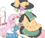  bad_id bad_twitter_id bubble_skirt face_mask girl_on_top green_eyes green_hair hat hat_ribbon hata_no_kokoro knife komeiji_koishi long_hair long_sleeves mask misha_(hoongju) multiple_girls noh_mask phone pink_eyes pink_hair plaid plaid_shirt ribbon shirt short_hair skirt smile surgical_mask touhou urban_legend_in_limbo 