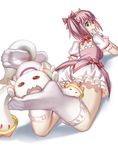  :3 back bangs bow bubble_skirt choker feet frills from_below full_body hair_bow head_rest highres jewelry kaname_madoka kneehighs kyubey lying magical_girl mahou_shoujo_madoka_magica no_shoes on_stomach pink_bow pink_eyes pink_hair pink_ribbon puffy_short_sleeves puffy_sleeves red_eyes ribbon ring short_sleeves simple_background skirt smile streamingsun twintails white_background white_legwear 