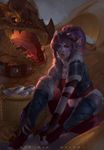  amber_eyes clothed clothing collar dragon duo ear_piercing eyewear female fire fish food goggles hair horn jacket league_of_legends locket long_ears long_hair looking_at_viewer lying male marine orange_scales piercing pink_hair pink_skin riggle rinrindaishi scales sharp_teeth sitting teeth tristana video_games wings yordle 