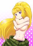  3: black_panties blonde_hair blush breasts covering covering_breasts crossed_arms gradient gradient_background gundam gundam_tekketsu_no_orphans kudelia_aina_bernstein large_breasts long_hair no_bra panties pink_background polka_dot polka_dot_background ponytail purple_eyes shiny shiny_hair sidelocks solo topless ueyama_michirou underboob underwear 